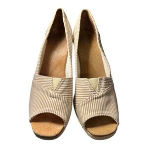 Striped Peep-Toe Espadrilles Wedge Shoes Tan White Stripe